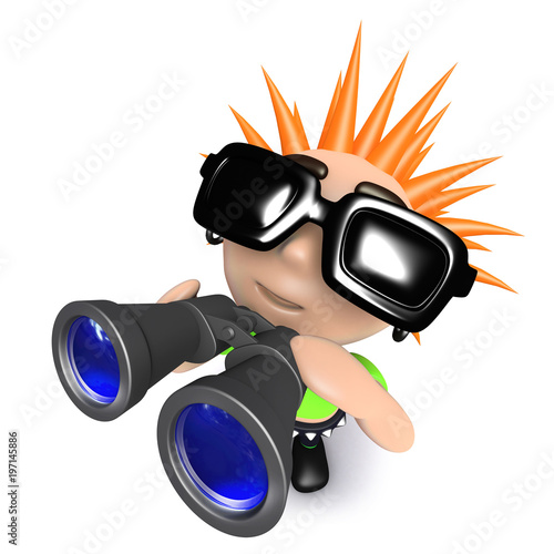 3d Funny cartoon punk kid character holding a pair of binoculars