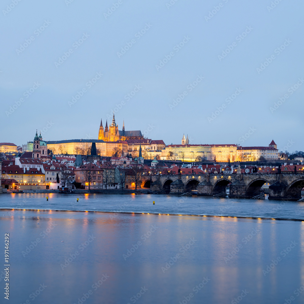 Panorama of Charles Bridge with Prague Castlea gainst of the Lesser Town, Czech Republic.