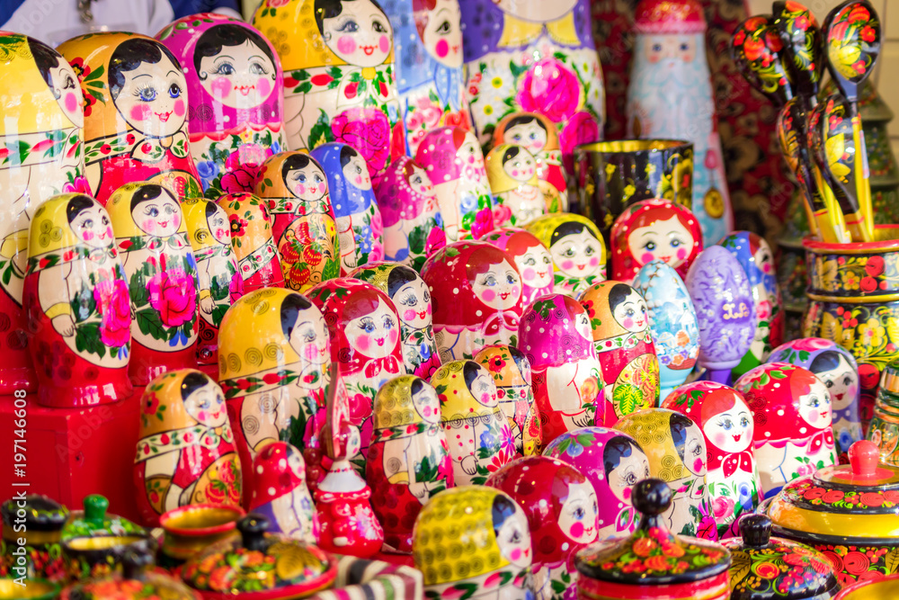 Colorful bright russian nesting dolls Matrioshka. Traditional russian souvenir.