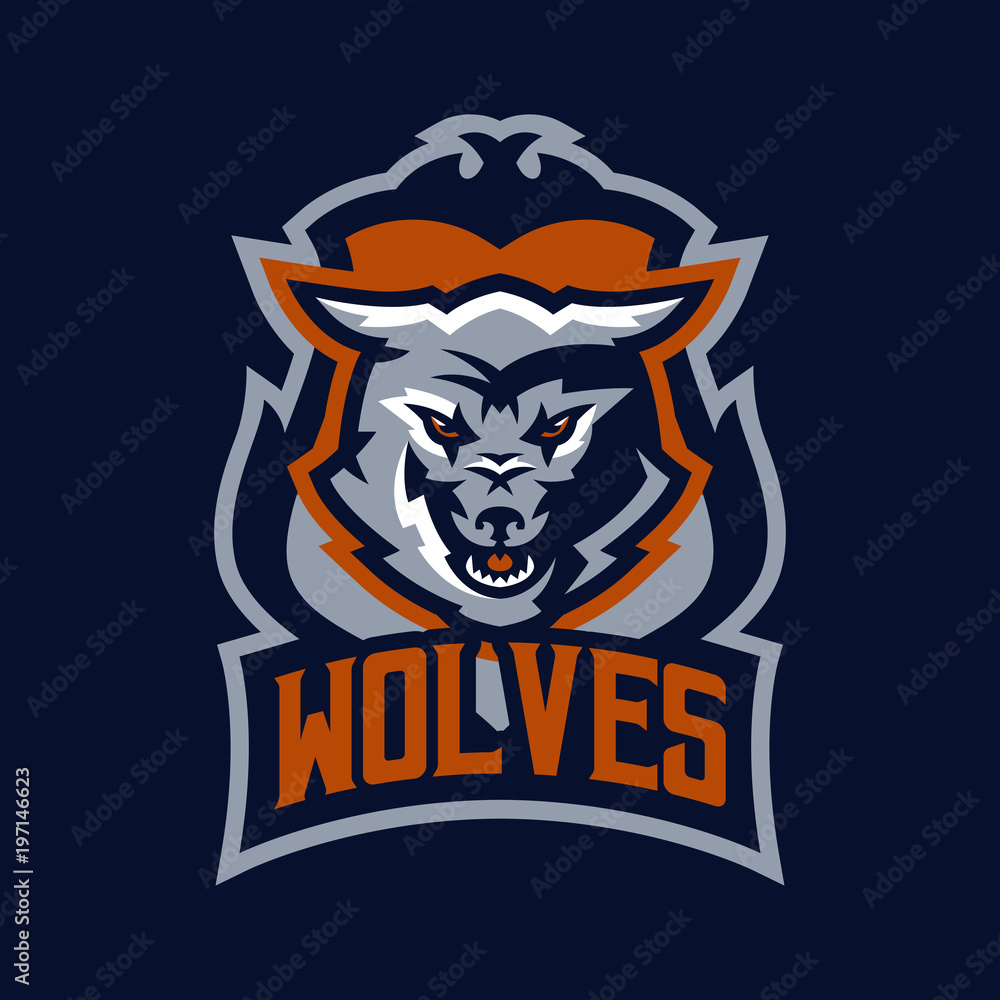 Colorful emblem, logo, snarling wolf. An aggressive predator, an animal from the forest, a coyote, a dangerous beast, a head, a mascot. Sport Identity, T-shirt printing, vector illustration