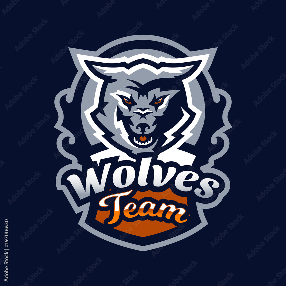 Fototapeta premium Colorful emblem, logo, snarling wolf. An aggressive predator, an animal from the forest, a coyote, a dangerous beast, a head, a mascot. Sport Identity, T-shirt printing, vector illustration