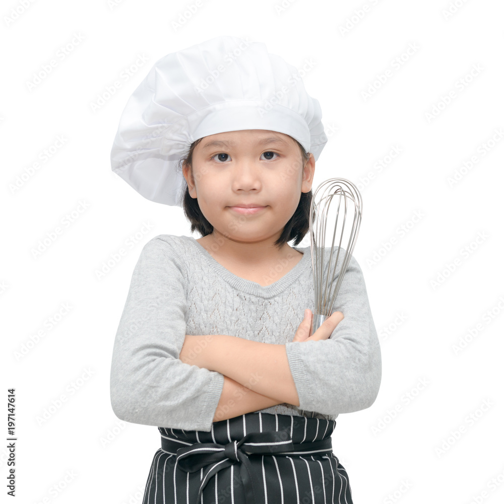 Happy asian girl chef holding cooking utensils Happy asian girl chef holding cooking utensils