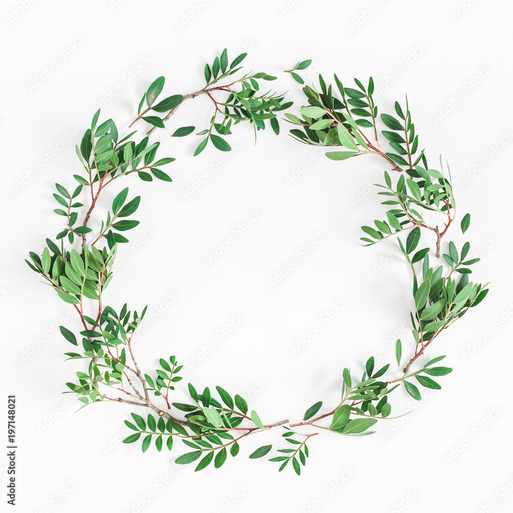 Leaf wreath. Pistachio leaves on white background. Flat lay, top view, square, copy space