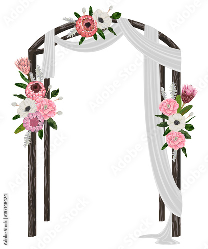 Beautiful wedding arch with flowers, leaves and branches. Vintage floral design. Vector illustration in watercolor style