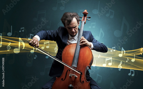Musician playing on cello with notes around