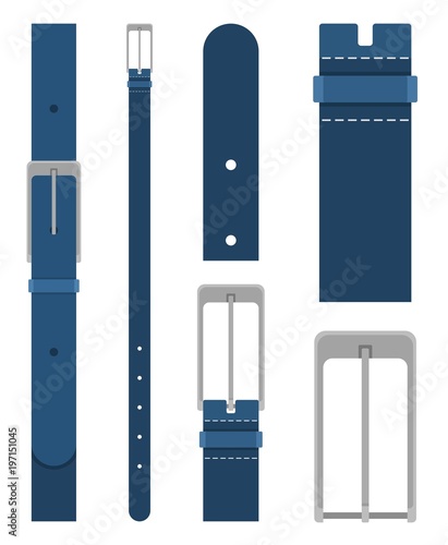 Blue belt with buckle isolated on white background. Element of clothing design. Belt trouser in flat style. Vector illustration
