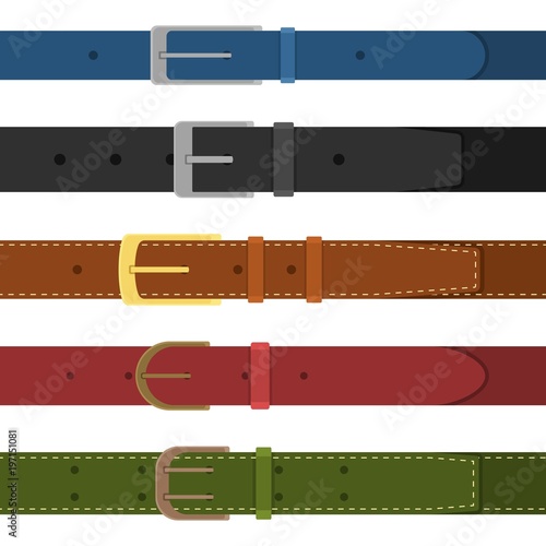 Set of different colored buttoned to buckle belts isolated on white background. Element of clothing design. Belt trouser in flat style. Vector illustration