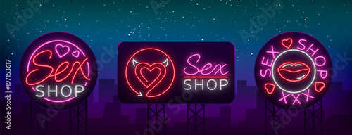 Collection logo Sex shop, night sign in neon style. Neon sign, a symbol for sex shop promotion. Adult Store. Bright banner, nightly advertising. Vector Illustration