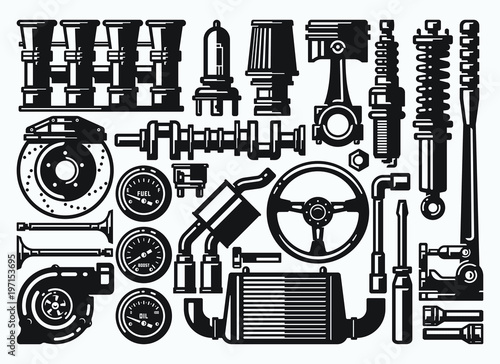 Set of monochrome car repair service elements. Automobile parts.
