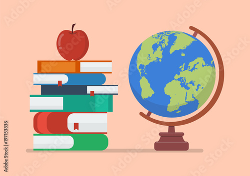 Earth globe model with books and apple