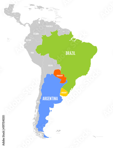 Map of MERCOSUR countires. South american trade association. Highlighted member states Brazil, Paraguay, Uruguay and Argetina. Since December 2016.
