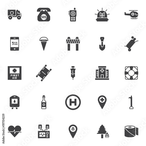 Emergency vector icons set, modern solid symbol collection, filled style pictogram pack. Signs, logo illustration. Set includes icons as police truck, walkie talkie, emergency flasher, helicopter