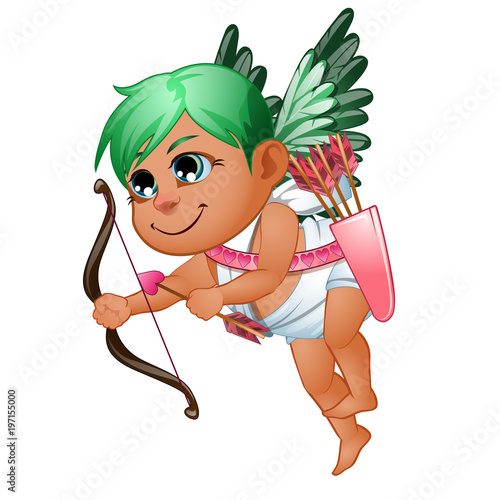 Little girl cupid in toga with green wings and hair, with pink bow. Cartoon character. Flying love symbol. Vector illustration isolated on white background