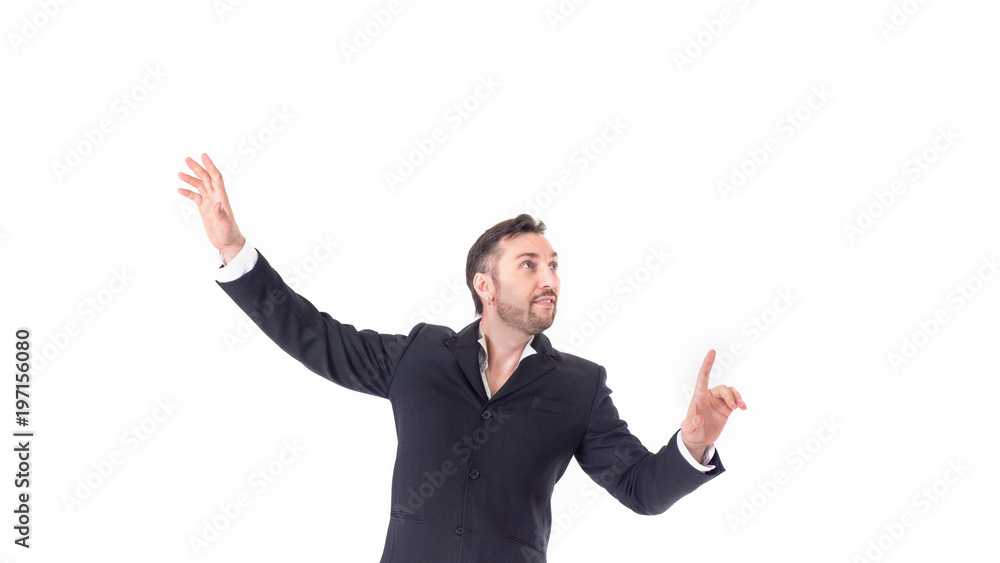 Businessman touching on a virtual whiteboard. Isolated on white Businessman touching on a virtual whiteboard. Isolated on white