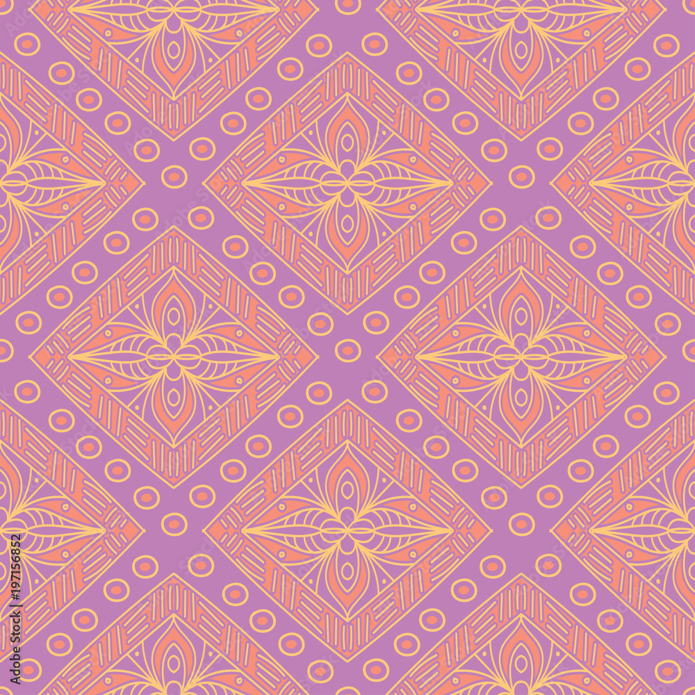 Geometric violet seamless pattern. Bright colored background with pink and yellow elements