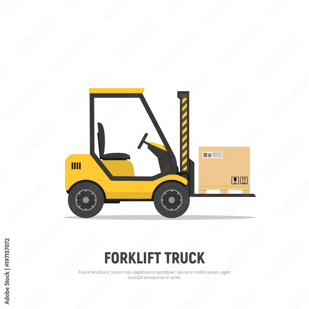 Isolated forklift truck with boxes on pallet on white background. Shipping. Distribution warehouse. Cargo delivery. Icon forklift. Vector illustration in flat style.