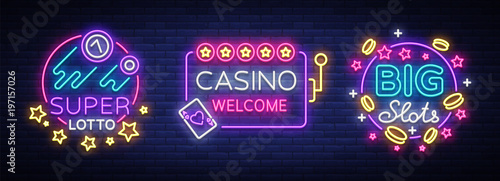 Casino set of logos in neon style. Design template. Neon sign collection, light banner, billboard, bright light advertising gambling, casino, poker, slot machines, bingo lotto. Vector illustration