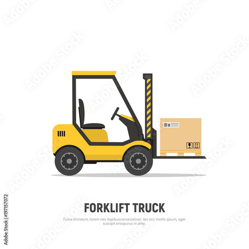 Isolated forklift truck with boxes on pallet on white background. Shipping. Distribution warehouse. Cargo delivery. Icon forklift. Vector illustration in flat style.
