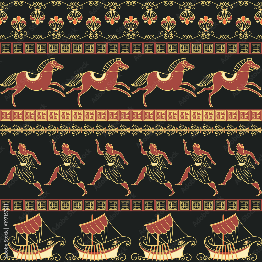 Seamless pattern with ancient greek ships, people, horses and ornament. Traditional ethnic background. Vintage vector illustration