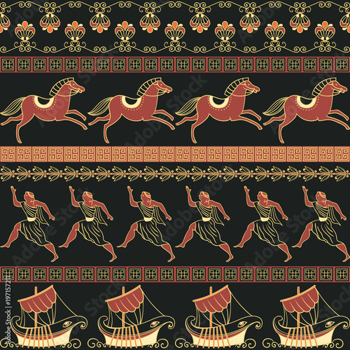 Seamless pattern with ancient greek ships, people, horses and ornament. Traditional ethnic background. Vintage vector illustration