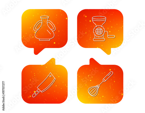 Meat grinder, butcher knife and whisk icons.
