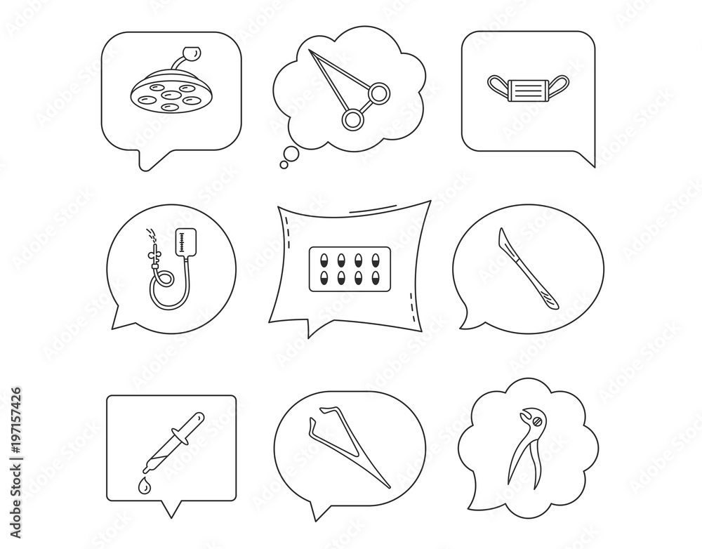 Medical mask, capsules and dental pliers icons. Medical mask, capsules and dental pliers icons.