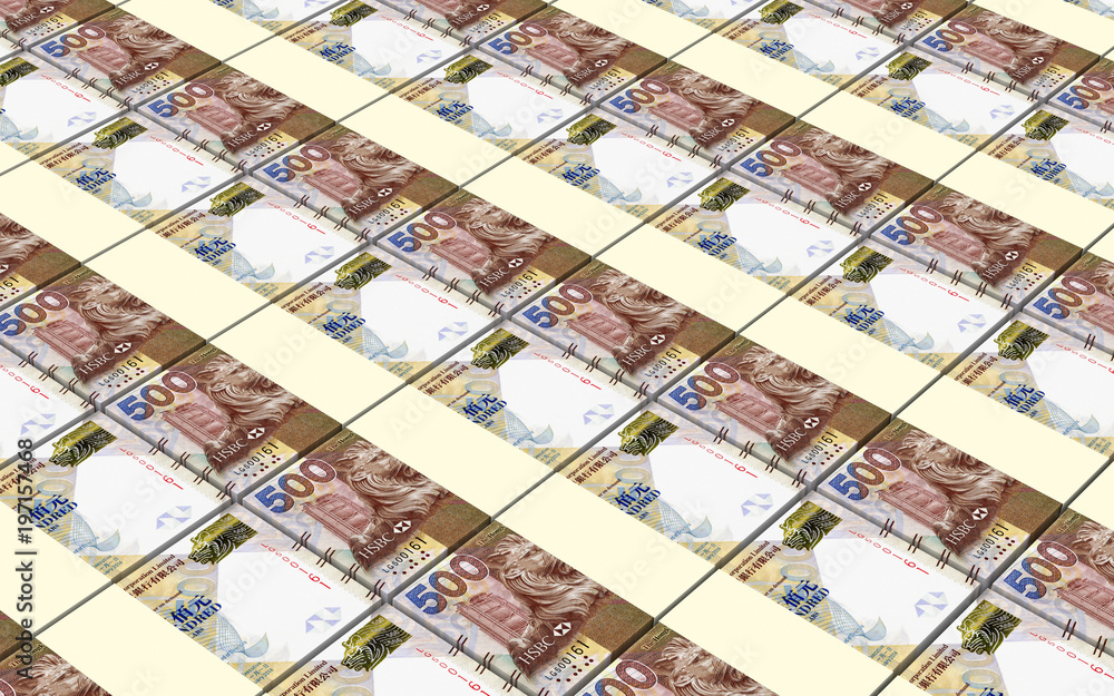 Hong Kong dollar bills stacked background. 3D illustration.