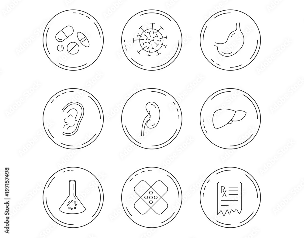 Pills, medical plaster and prescription icons.