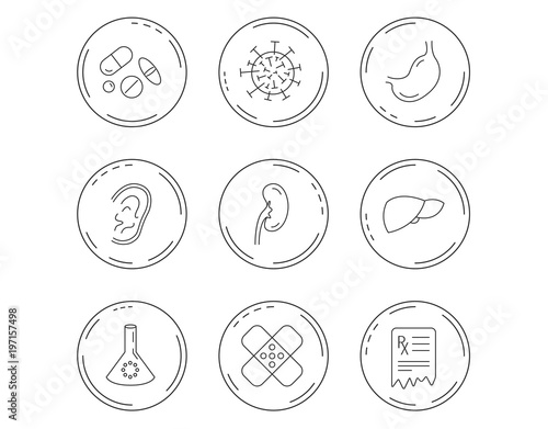 Pills, medical plaster and prescription icons.