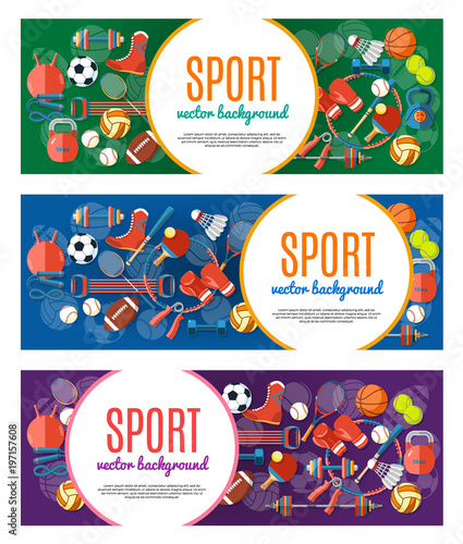 Banner of sport balls and gaming equipment. Poster with text Sport for banner, sticker, web. Healthy lifestyle tools, elements. Vector Illustration.