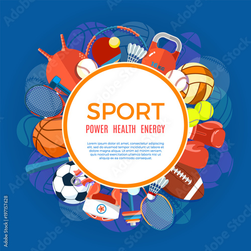 Banner of sport balls and gaming equipment. Poster with text Sport for banner, sticker, web. Healthy lifestyle tools, elements. Vector Illustration.