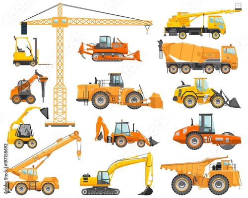 Set of detailed heavy construction and mining machines in flat style on the white background. Building machinery. Special equipment. Vector illustration
