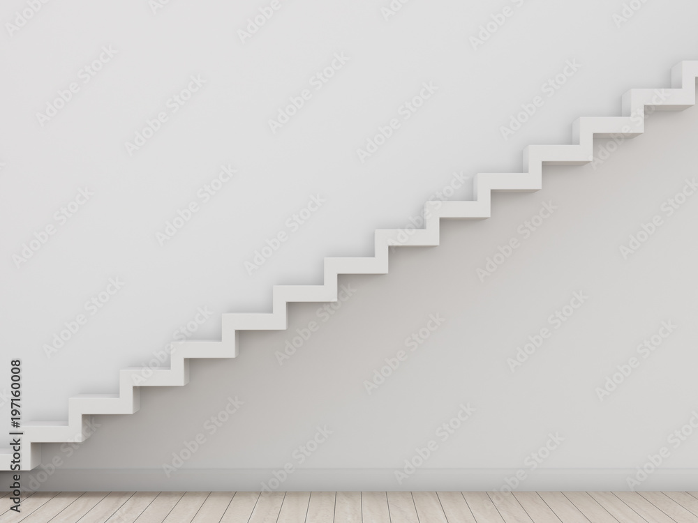 3d rendering of white room with white stair on plank wood floor and sun light cast on the wall 3d rendering of white room with white stair on plank wood floor and sun light cast on the wall