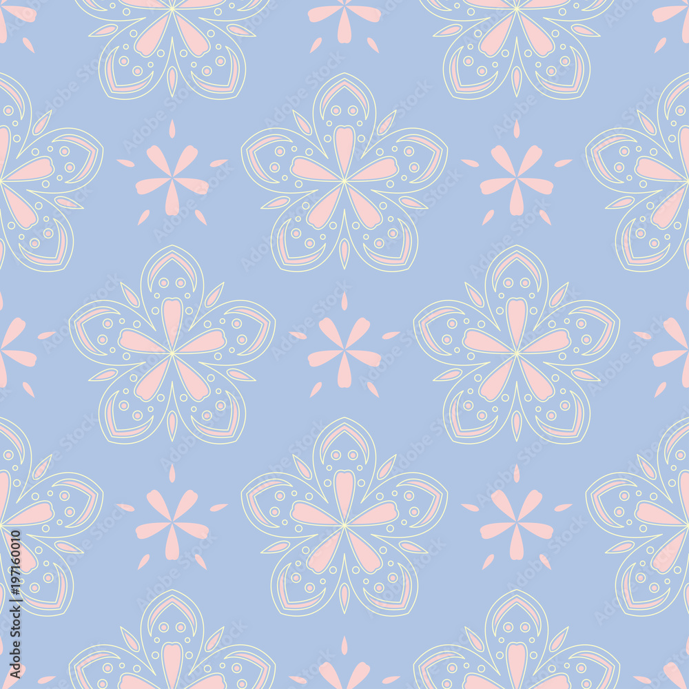 Floral seamless pattern. Pale blue background with beige and pink flower elements Floral seamless pattern. Pale blue background with beige and pink flower elements