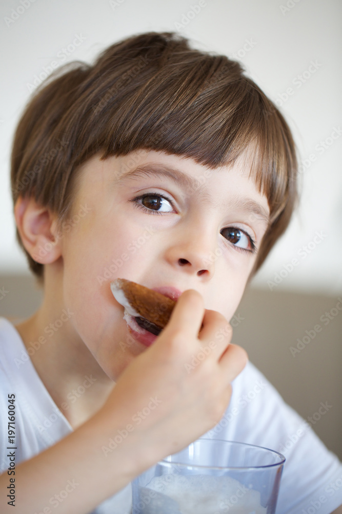 Boy of six years is taking a glass of warm milk with oat biscuits. Boy of six years is taking a glass of warm milk with oat biscuits.