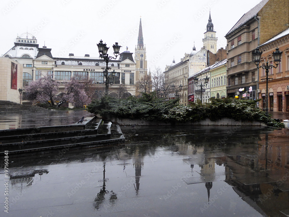 Novi Sad, Serbia, 19th March 2018: Reflection on rainy day in center of the city