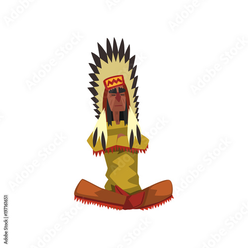 Native American Indian chief in traditional clothing sitting in lotus position vector Illustration on a white background