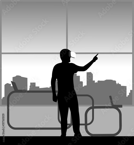 Silhouette of businessman in a review of VR glasses in office, one in the series of similar images