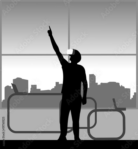 Silhouette of businessman in a review of VR glasses in office, one in the series of similar images
