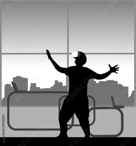 Silhouette of businessman in a review of VR glasses in office, one in the series of similar images