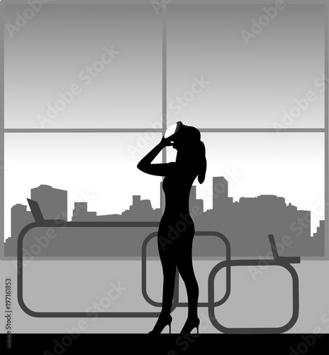 Silhouette of businesswoman in a review of VR glasses in office, one in the series of similar images