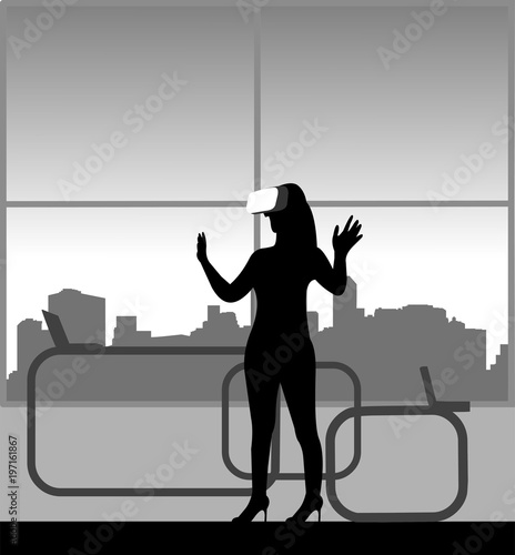 Silhouette of businesswoman in a review of VR glasses in office, one in the series of similar images