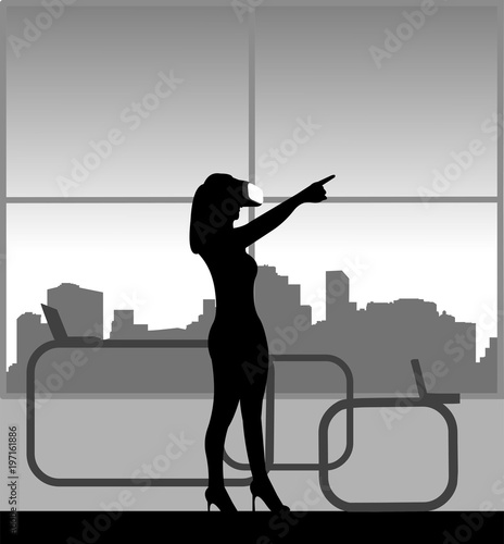 Silhouette of businesswoman in a review of VR glasses in office, one in the series of similar images