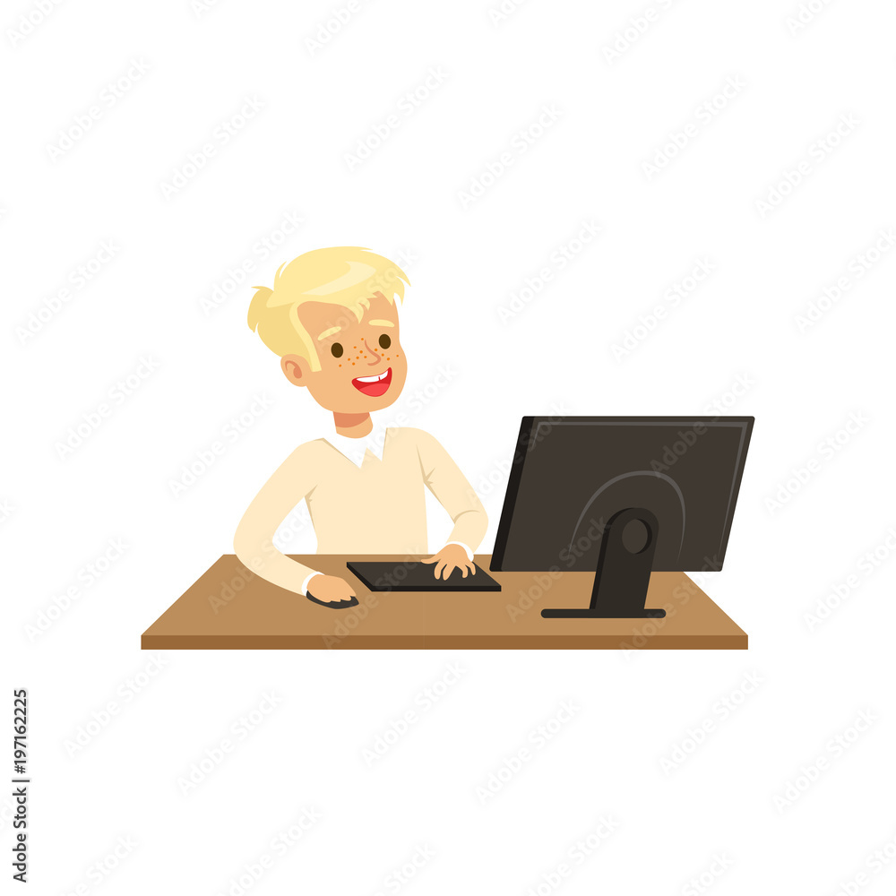 Smiling boy using computer, informatics lesson at school vector Illustration on a white background Smiling boy using computer, informatics lesson at school vector Illustration on a white background