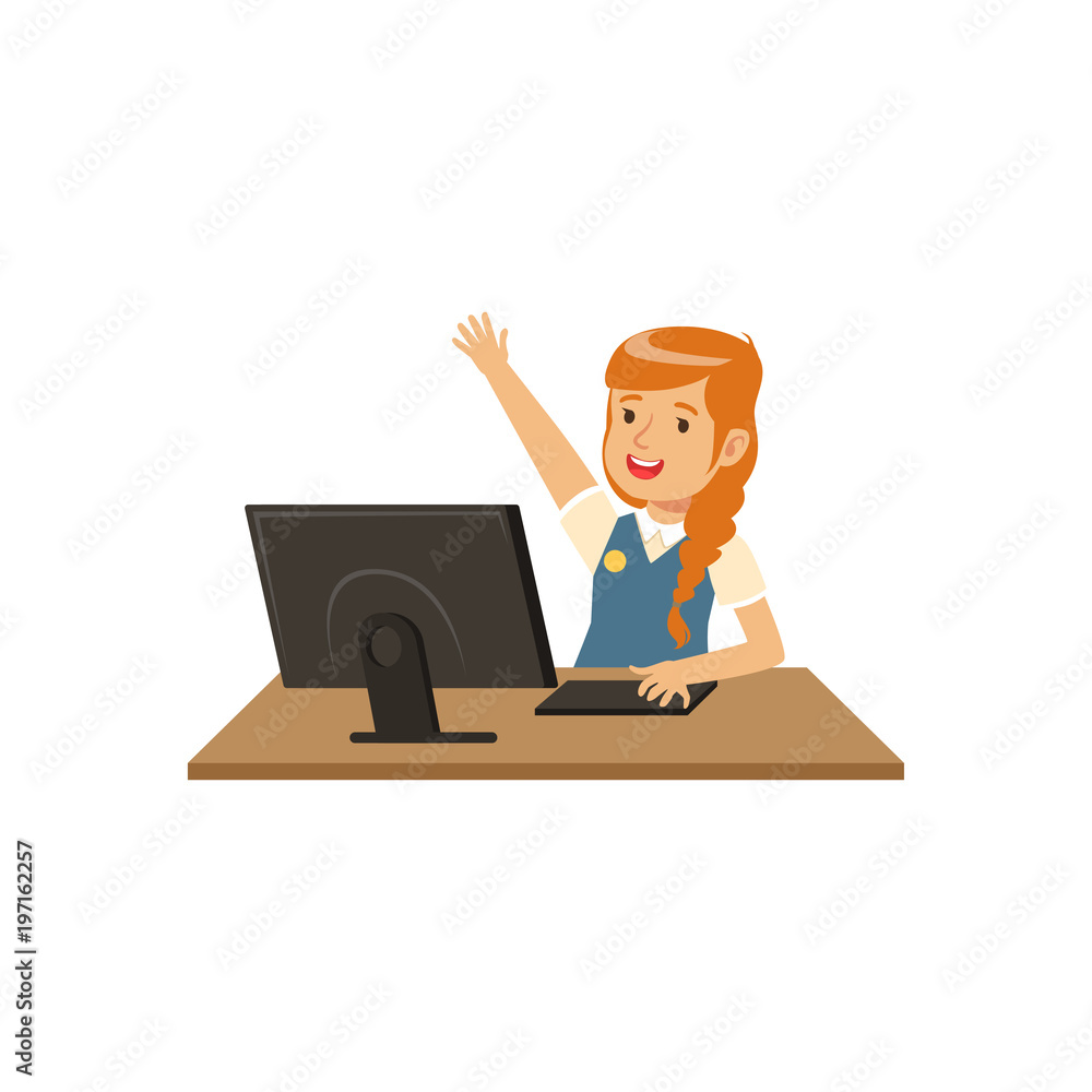 Smiling girl using computer at informatics lesson at school vector Illustration on a white background Smiling girl using computer at informatics lesson at school vector Illustration on a white background