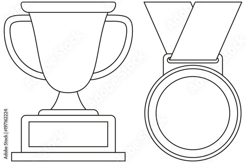 Line art black and white winner cup medal icon set