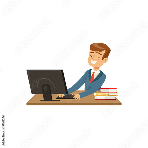 Smiling schoolboy using laptop computer vector Illustration on a white background