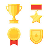 Trophy cup and awards golden medals icons set. Vector illustration in modern flat style isolated on white background
