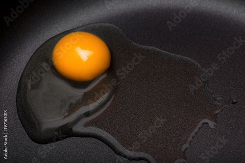 Canvas Print Raw egg on Teflon non-stick frying pan close-up