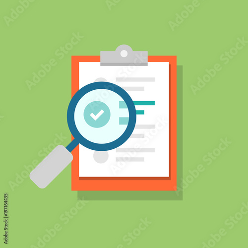 Clipboard icon and magnifying glass. Confirmed or approved document. Flat illustration isolated on color background.